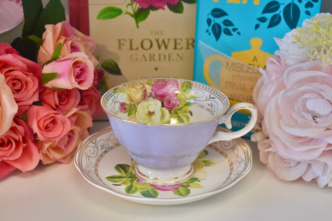 Elegant Floral Bouquet Gold in Lavender Teacup and Saucer