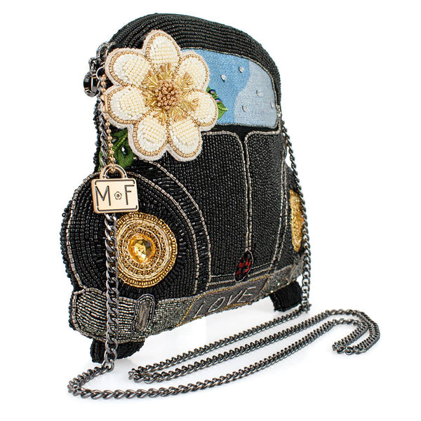 On the Road Black Car White Flower Beaded Crossbody Handbag