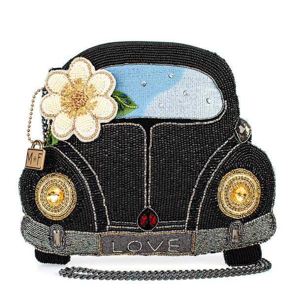 On the Road Black Car White Flower Beaded Crossbody Handbag
