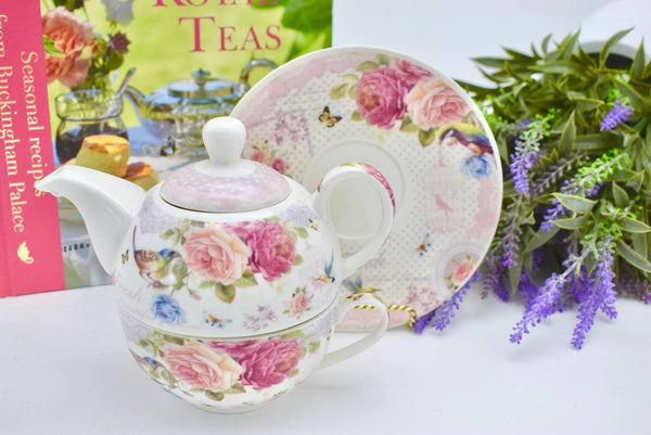 Tea for One Gift Set. Fresh Beautiful Flowers Bird Butterfly