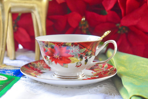 Christmas Holiday Red Poinsettia Plaid Ribbon Teacup Saucer