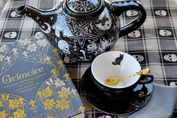 Black Cat Victorian Gothic Embossed Teacup and Saucer