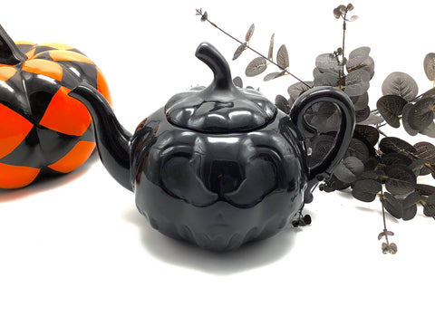 Spooky Jack O Lantern Black Gloss Ceramic Teapot