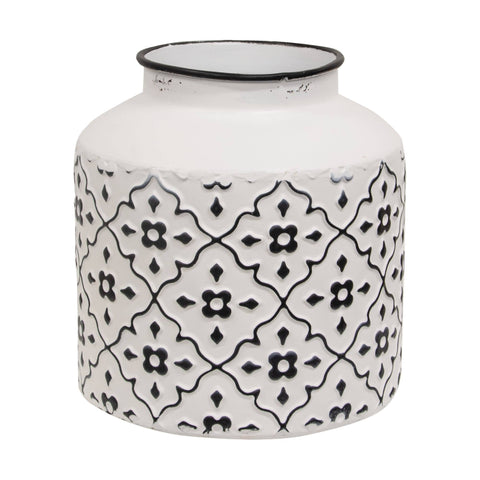 Black & White Vintage Patterned Metal Vase, Short