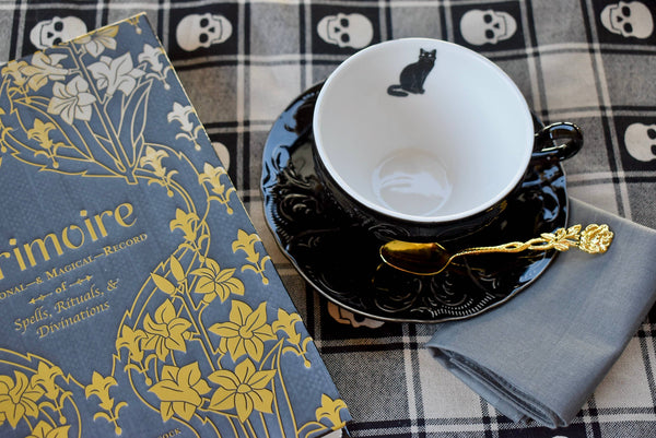 Black Cat Victorian Gothic Embossed Teacup and Saucer