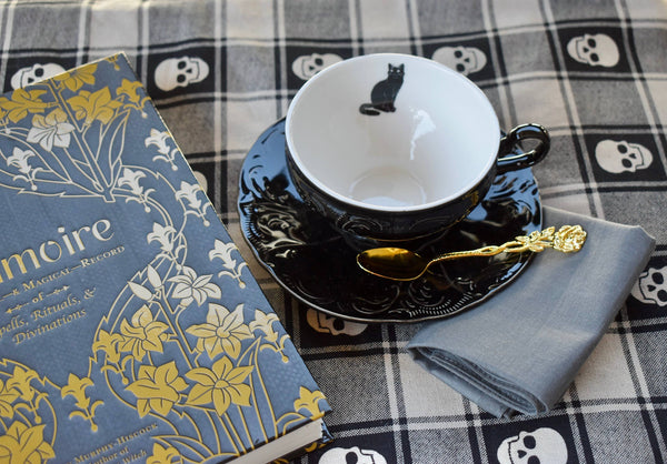 Black Cat Victorian Gothic Embossed Teacup and Saucer