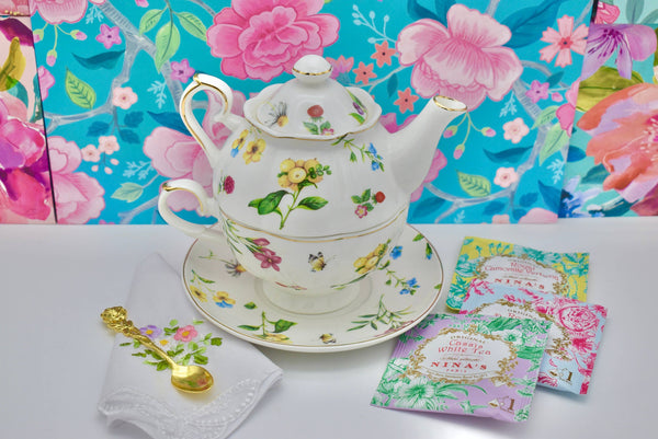 Tea for One Summer Berries Garden Pink Yellow Blue Flower