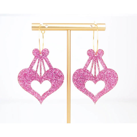 Valentines Heart Hoop Earrings, Pink Glitter Acrylic Dangle