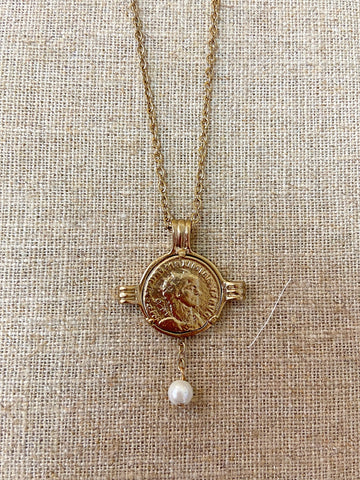 GOLD MAXIMIANUS COIN AND FRAME PEARL NECKLACE