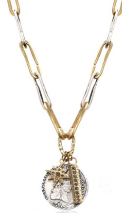 TWO TONE SAFETY PIN CLUSTER CHARM NECKLACE