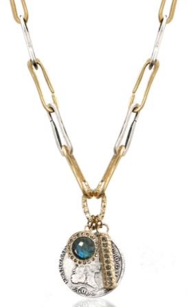 TWO TONE SAFETY PIN CLUSTER LABRADORITE CHARM NECKLACE